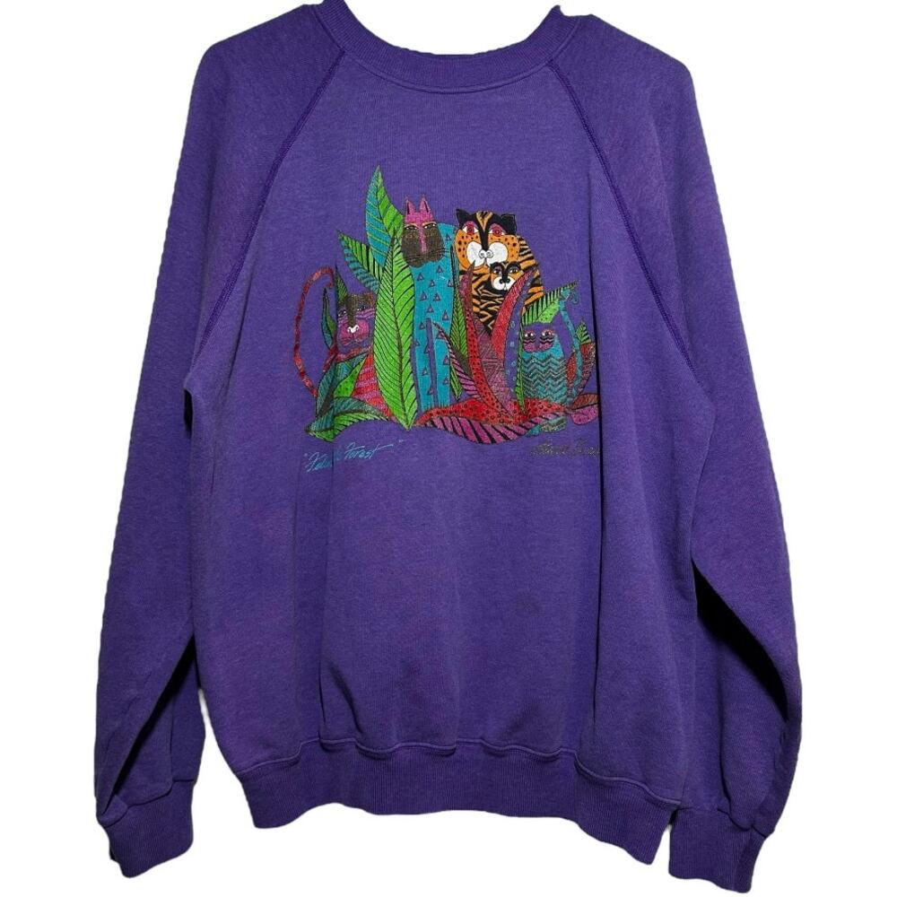 Vintage Laurel Burch Sweatshirt Felines in the Forest 90s Crewneck Purple XL
